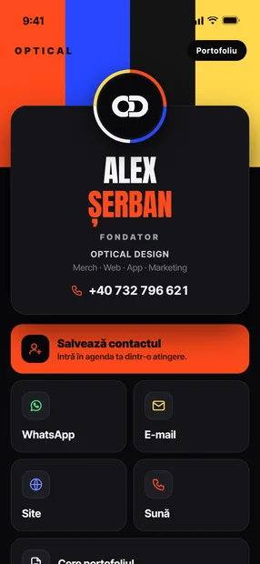 Cartea de vizită digitală Optical Design, pe telefon